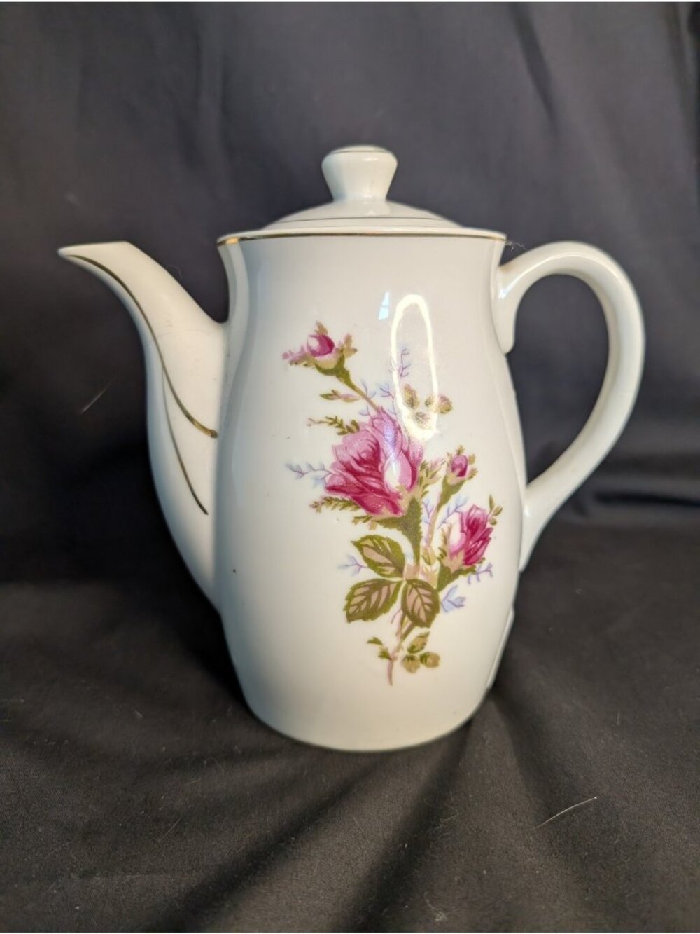 Vintage Japan Electric Ceramic Tea Pot Moss Rose Gold Trim Works